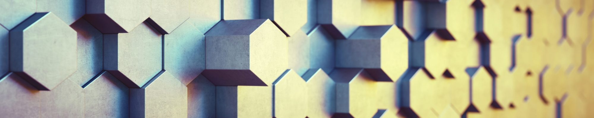 Side view on an abstract surface with metallic hexagon block shapes - wide horizontal composition Side view on an abstract surface with metallic hexagon block shapes - wide horizontal composition