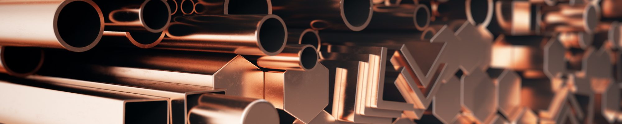 Cylindrical copper steel profiles, hexagonal copper steel profiles, square copper steel profiles. Different copper steel products, 3D illustration Cylindrical copper steel profiles, hexagonal copper steel profiles, square copper steel profiles. Different copper steel products. 3D illustration